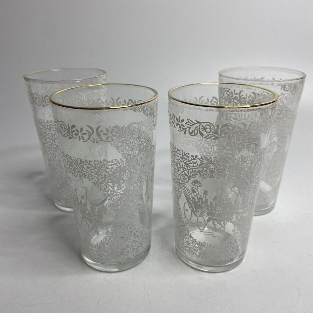 Hazel Atlas Monticello White Beverage Glasses Gold Trim Carriage VTG 5 1/8 in X4